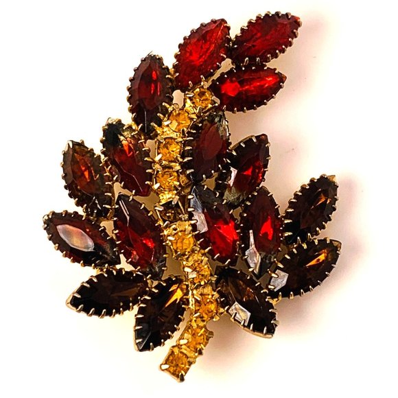 Vintage Rhinestone Brooch Red Yellow Brown Gold Tone Setting Pin Statement